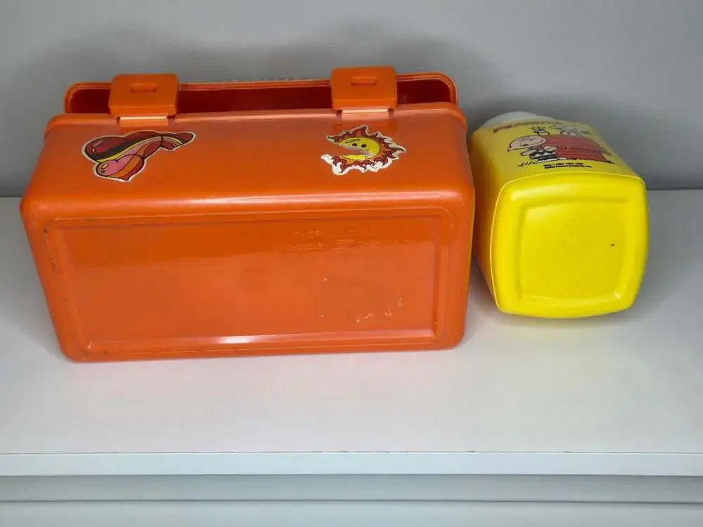 Vintage 1965 Peanuts 'Lunchtime with Snoopy' Orange Plastic Lunch Box w/ Thermos